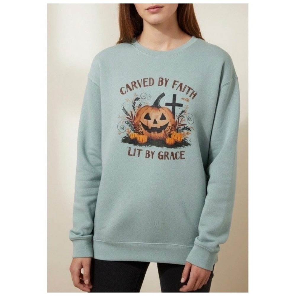 Bow-Kae Designs Sweatshirt Women S Blue Carved by Faith Pumpkin Christian Fleece - Picture 10 of 13